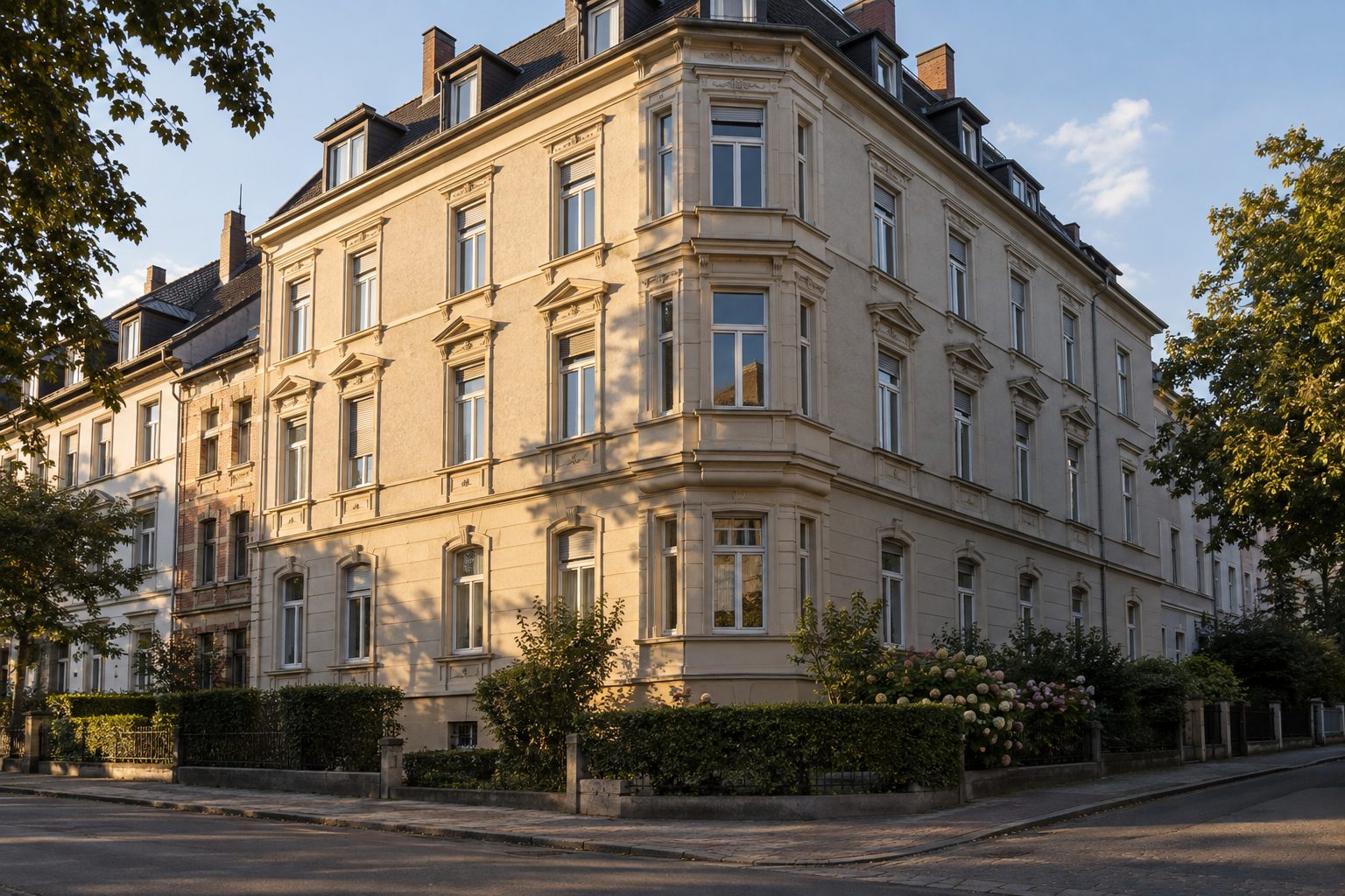 Gründerzeitliches Eckhaus mit Erker und Vorgärten im Abendlicht