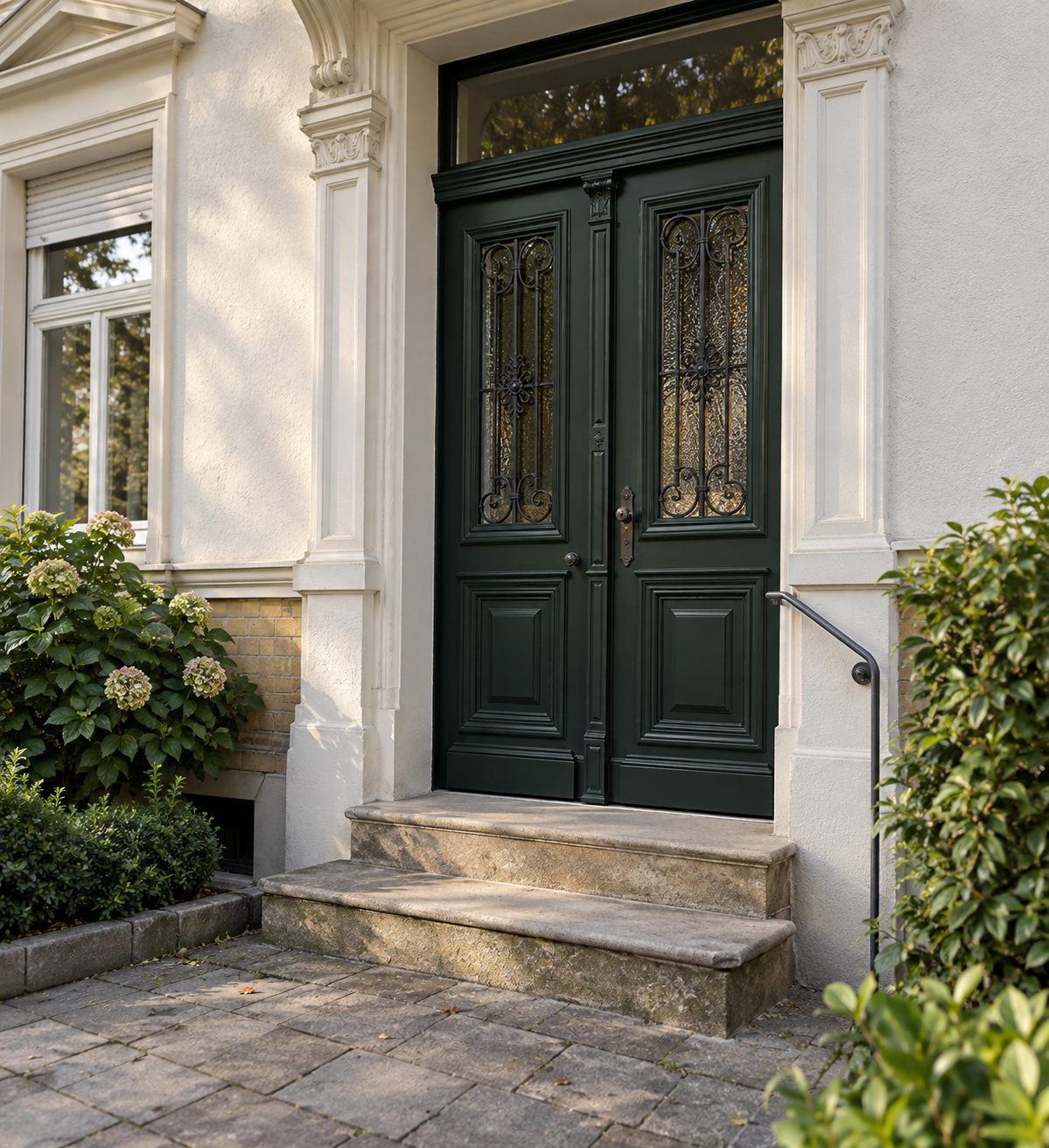 Grüne Altbau-Haustür mit schmiedeeisernen Glaseinsätzen, davor Sandsteinstufen und Hortensien