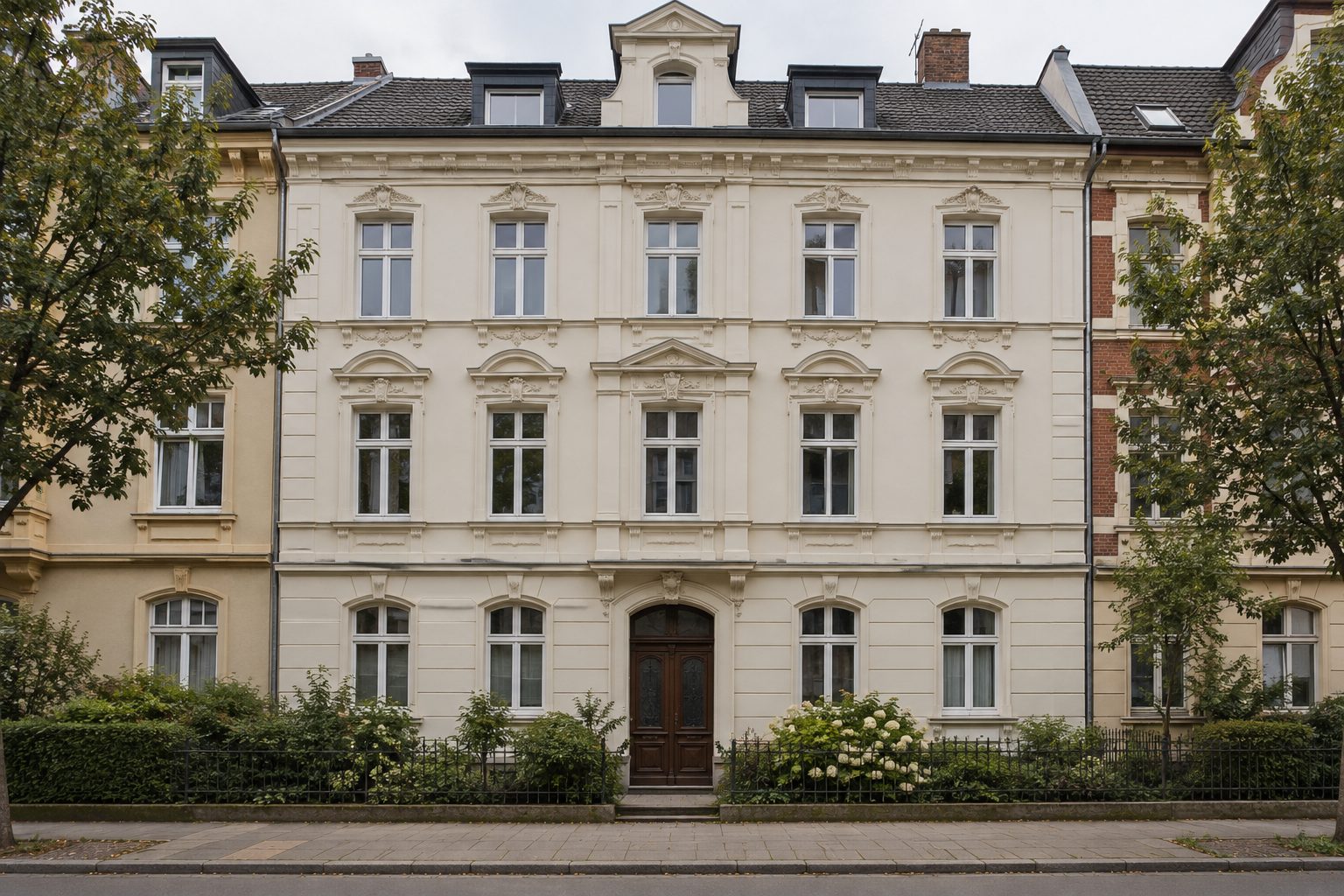 Gründerzeitfassade mit Stuck und Holztür, davor ein Vorgarten hinter schmiedeeisernem Zaun