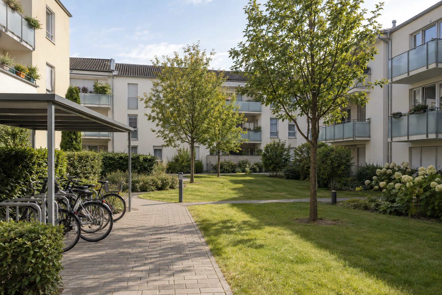 Innenhof einer Wohnanlage mit Rasen, jungen Bäumen und überdachten Fahrradstellplätzen