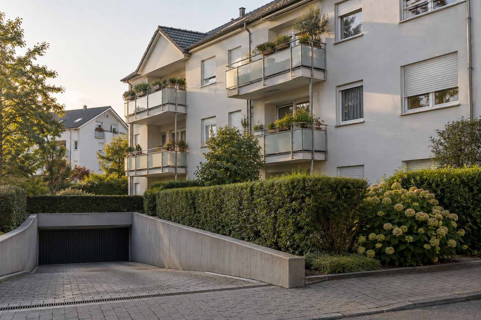 Jüngere Wohnanlage mit Glasbalkonen, Hecken und Tiefgaragenzufahrt