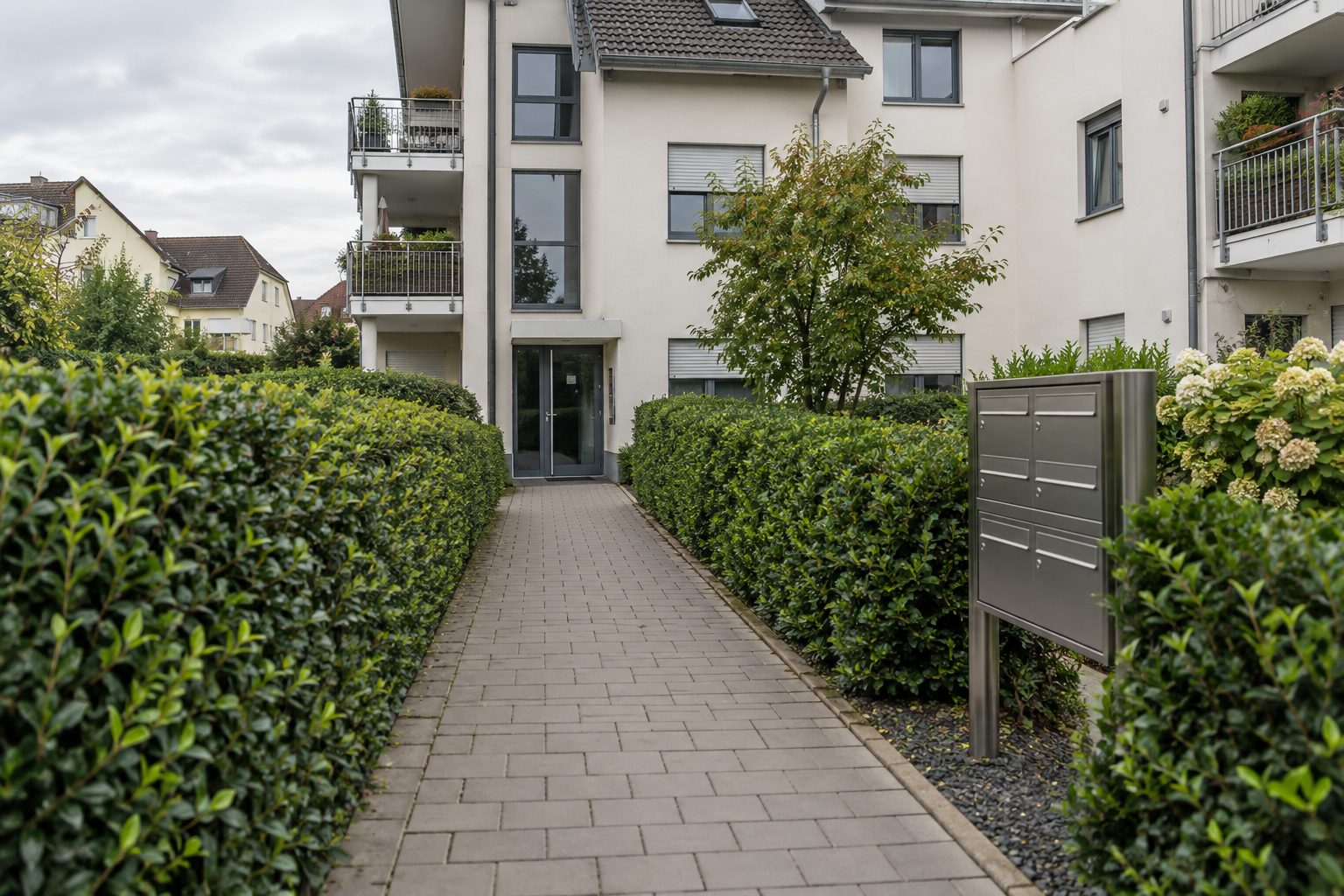Gepflasterter Weg zwischen Hecken zum Eingang einer Wohnanlage, daneben die Briefkastenanlage