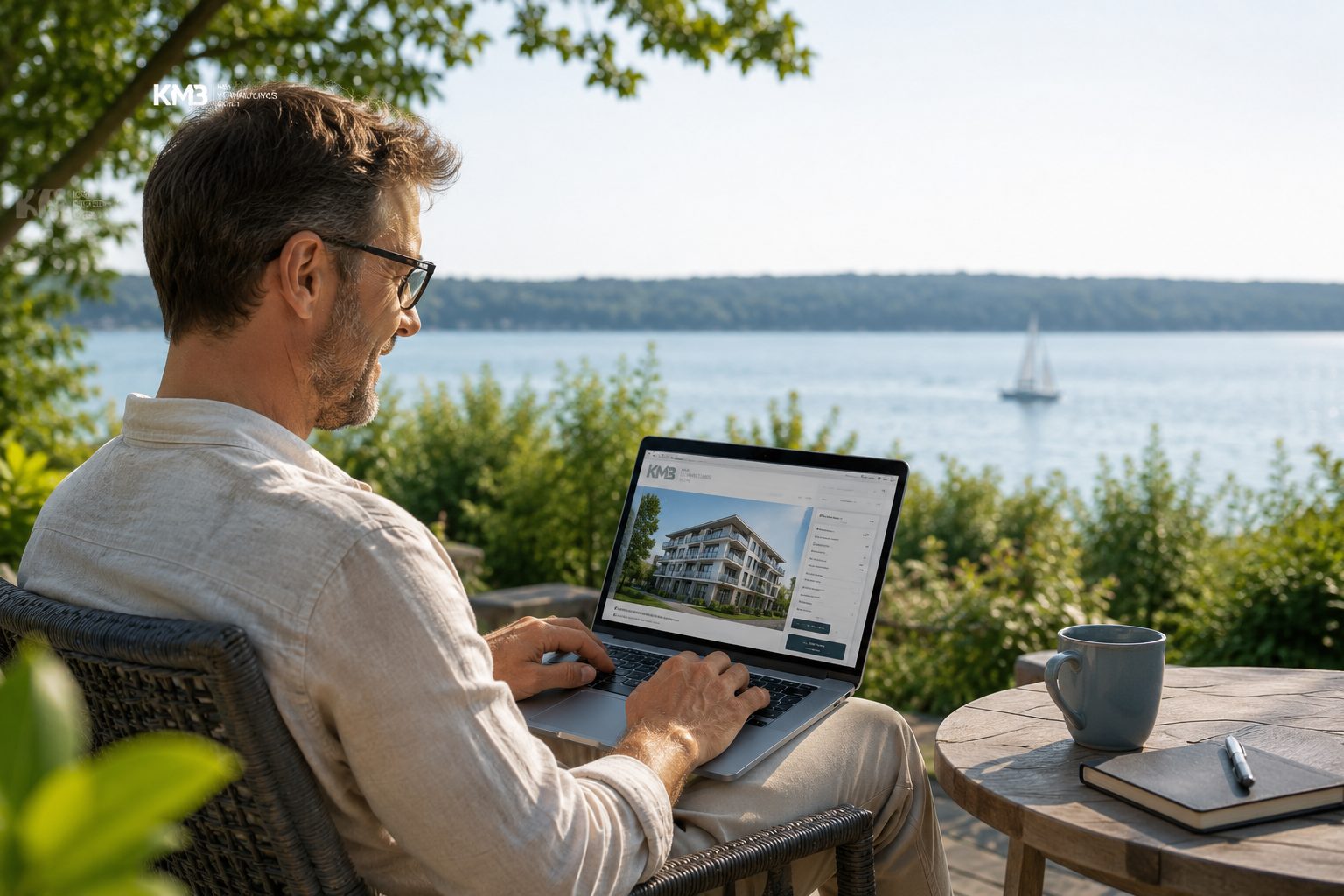 Ein Eigentümer sitzt draußen am See und schaut im Eigentümerportal auf seine Wohnanlage