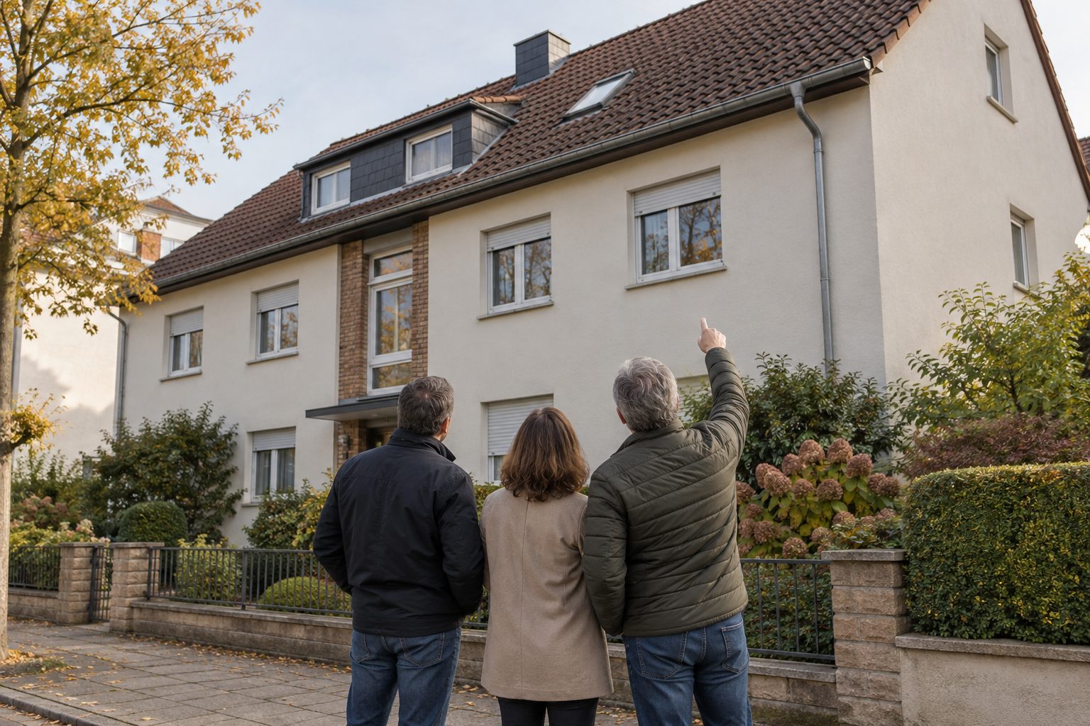 Drei Beteiligte stehen vor einem Mehrfamilienhaus, einer zeigt auf die Fassade