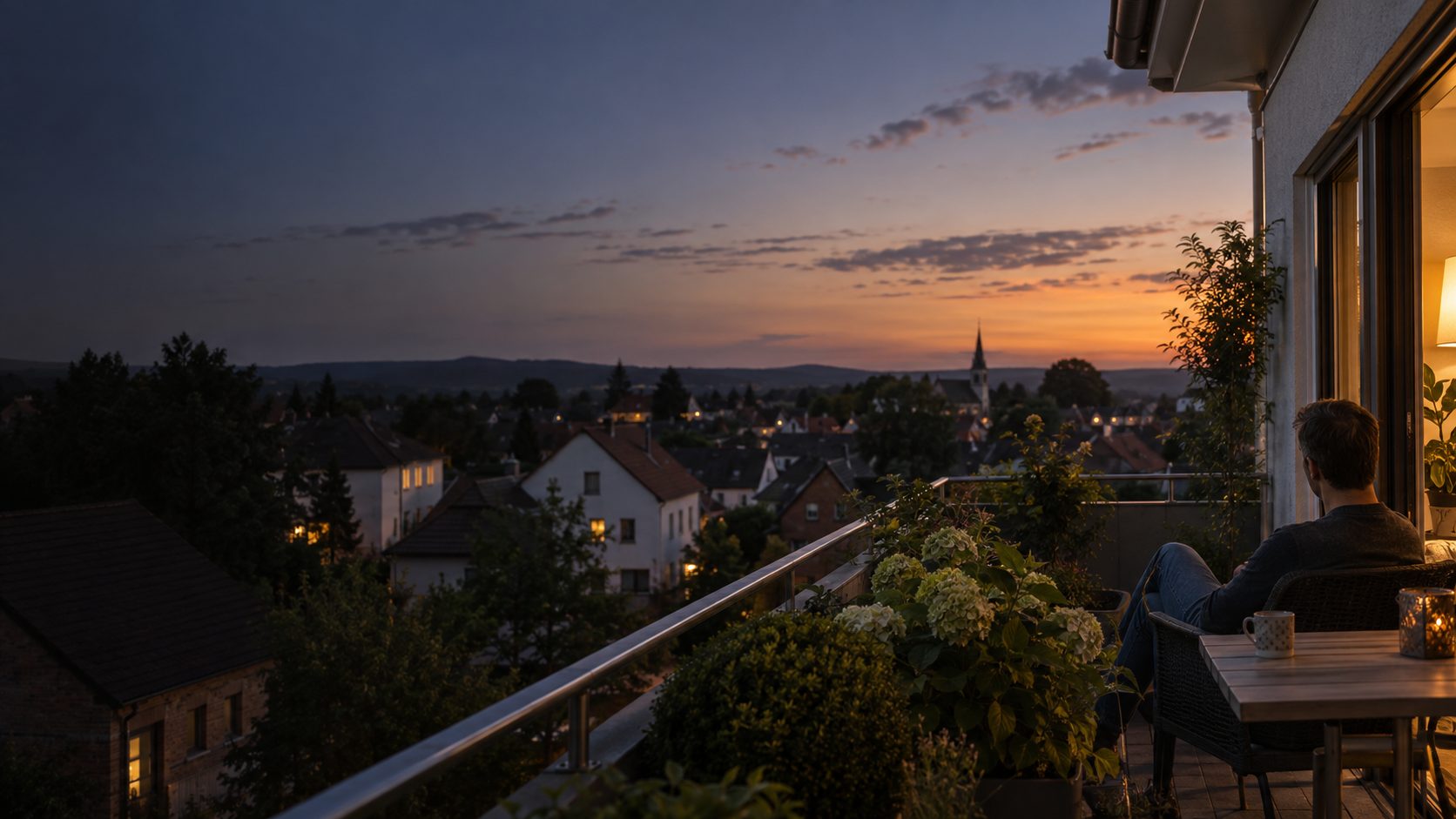 Ein Mann sitzt abends entspannt auf seinem Balkon und schaut über die Dächer einer Kleinstadt