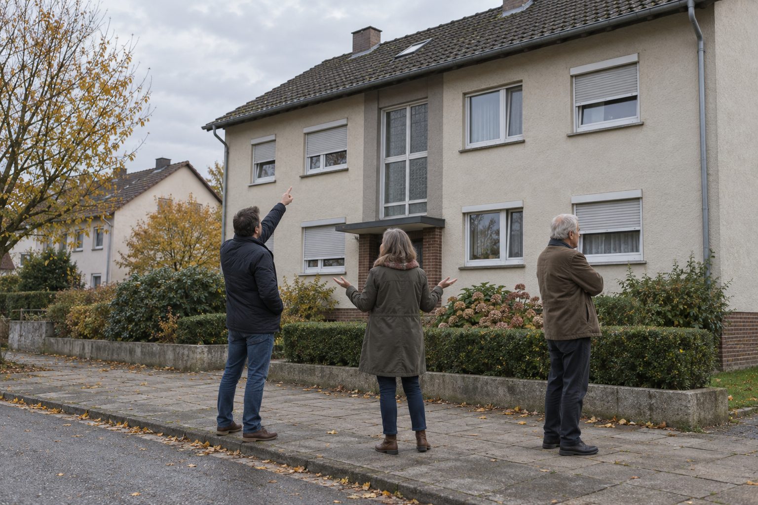 Drei Beteiligte stehen mit Abstand vor einem Mehrfamilienhaus: einer zeigt zum Dach, eine hebt fragend die Hände, der dritte hat die Arme verschränkt