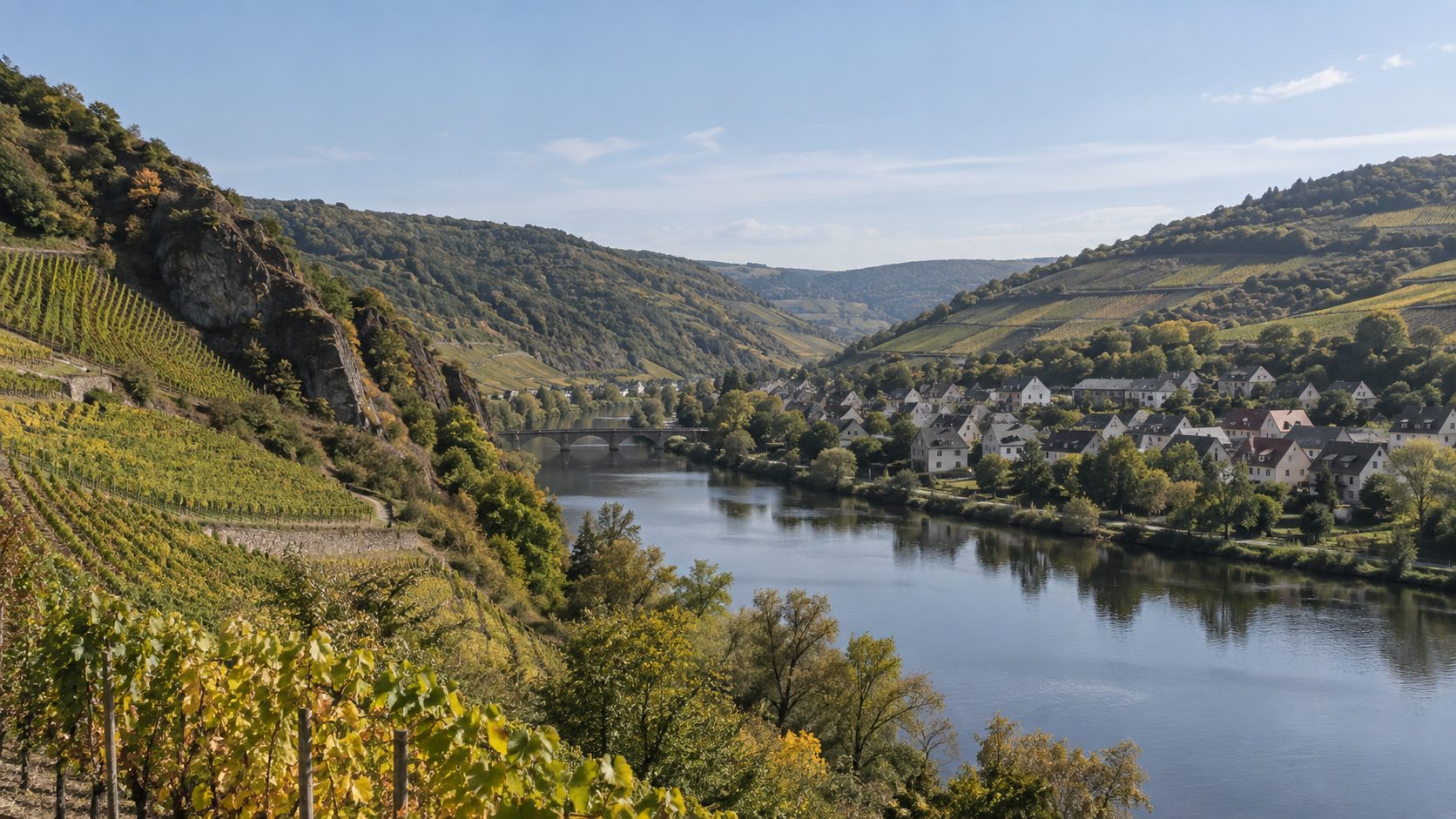 Blick über ein Flusstal auf einen Ort am Wasser, ringsum Weinberge im Herbstlicht