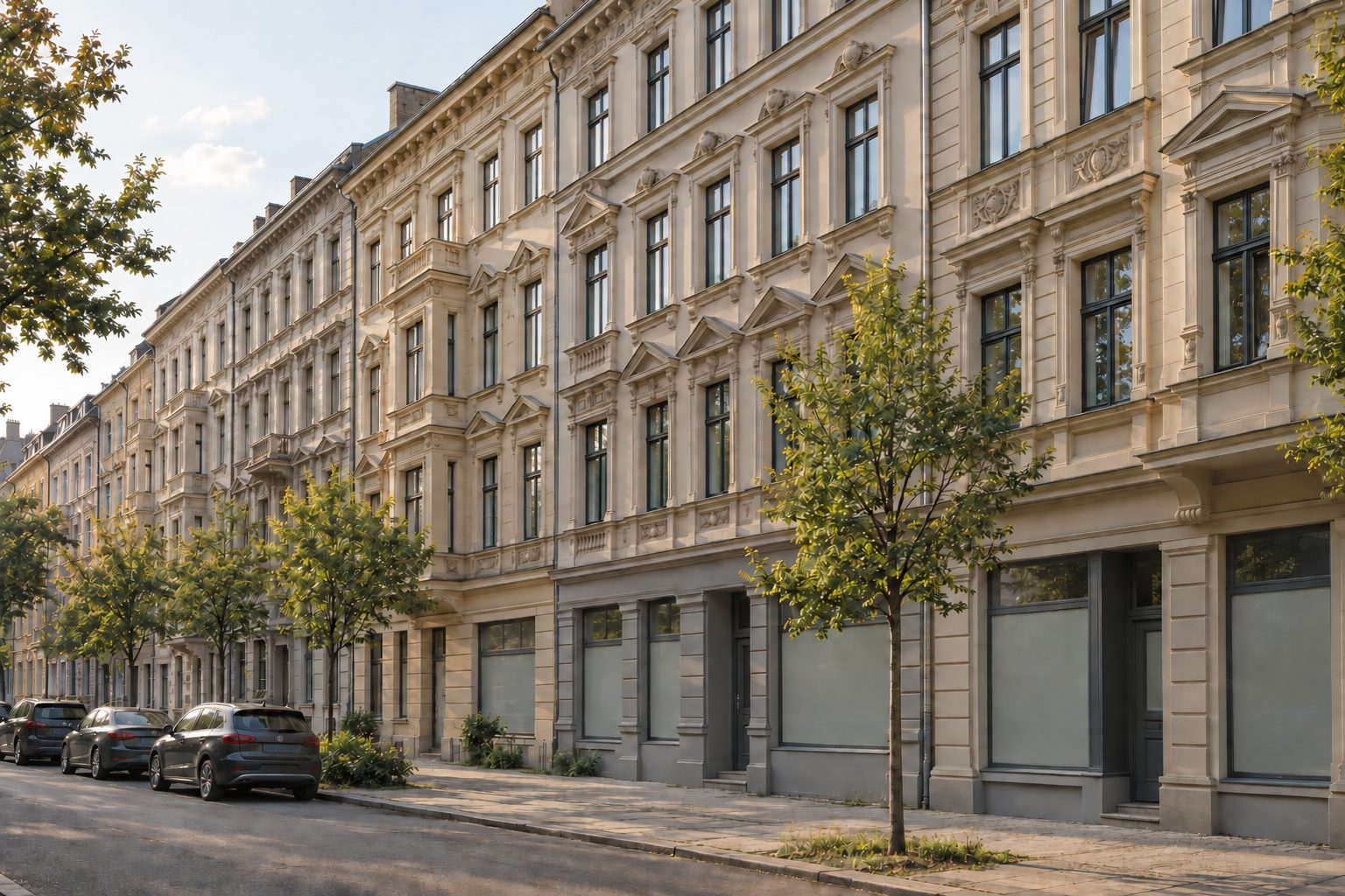 Eine geschlossene Gründerzeit-Häuserzeile an einer Großstadtstraße, davor junge Straßenbäume