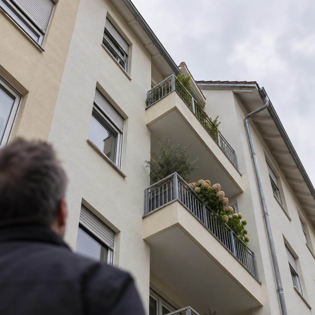 Ein Mann schaut von der Straße hinauf zu den Balkonen und der Dachrinne eines Mehrfamilienhauses