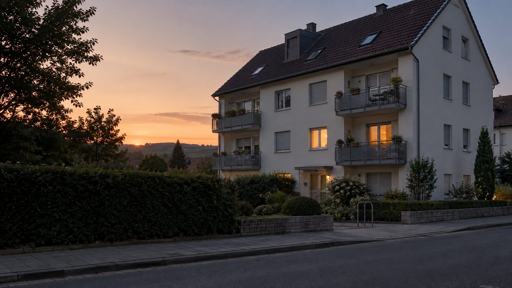 Ein gepflegtes Mehrfamilienhaus mit Balkonen im letzten Abendlicht, dahinter Hügel