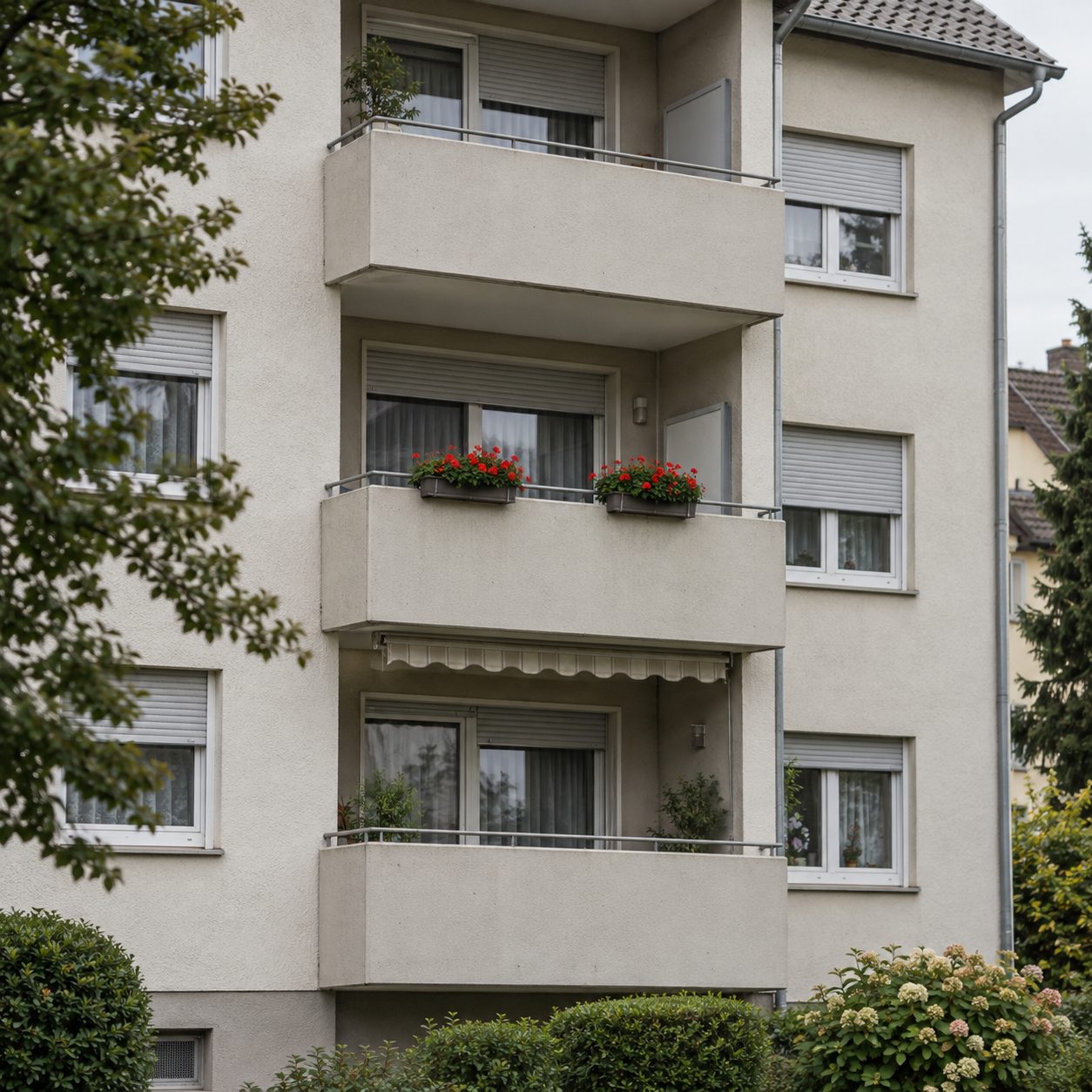 Balkone eines Mehrfamilienhauses aus der Nachkriegszeit mit Geranien und Markise
