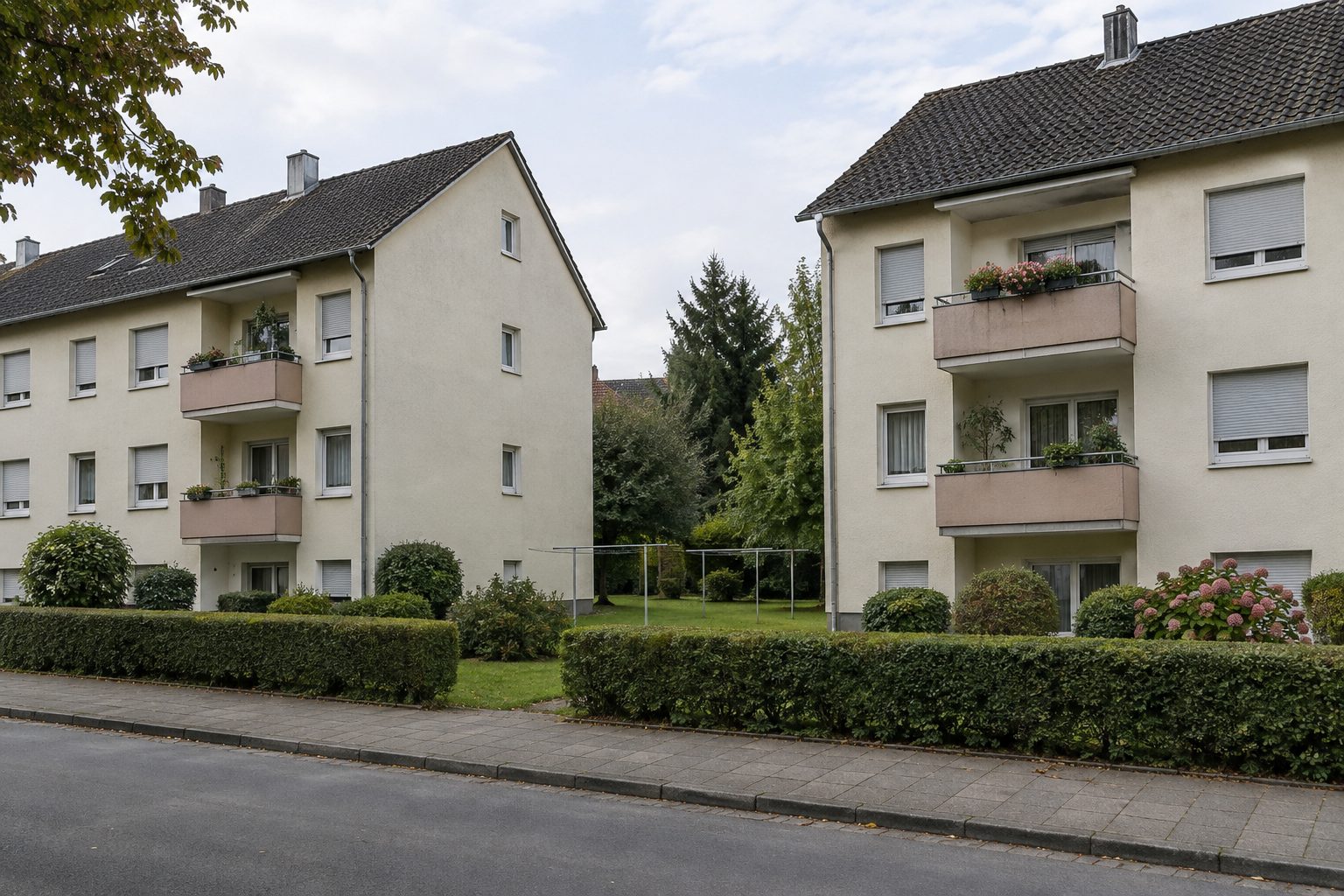 Zwei Mehrfamilienhäuser aus den Nachkriegsjahrzehnten mit gemeinsamem Garten