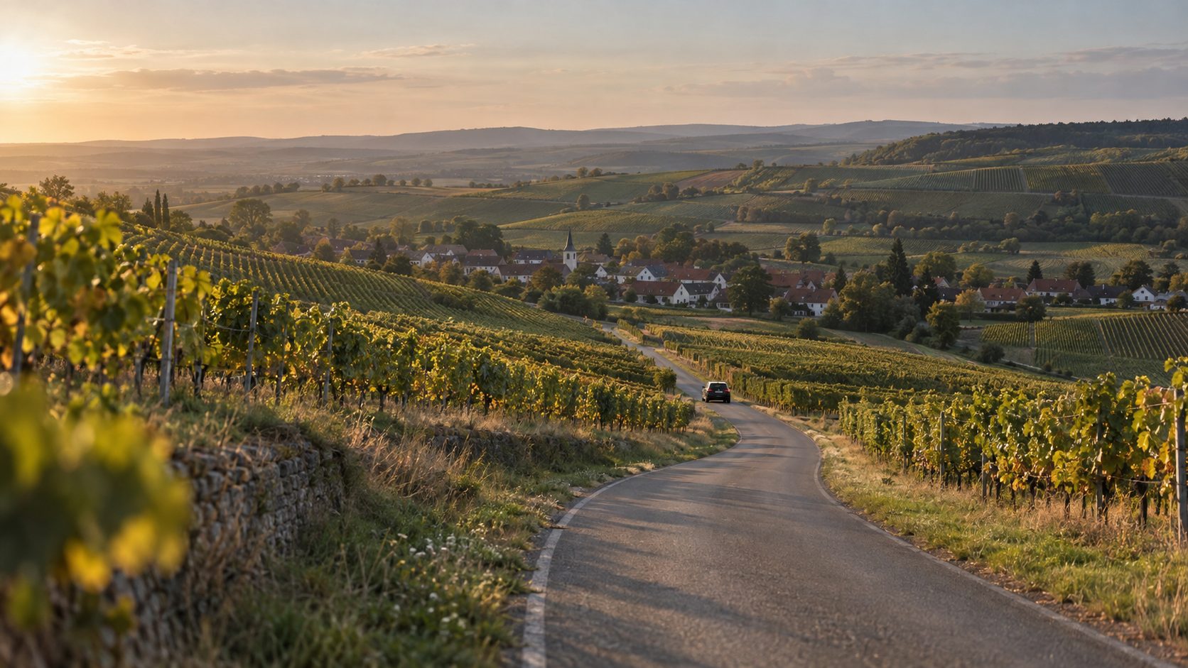 Eine Landstraße führt durch Weinberge zu einem Dorf mit Kirchturm im Abendlicht