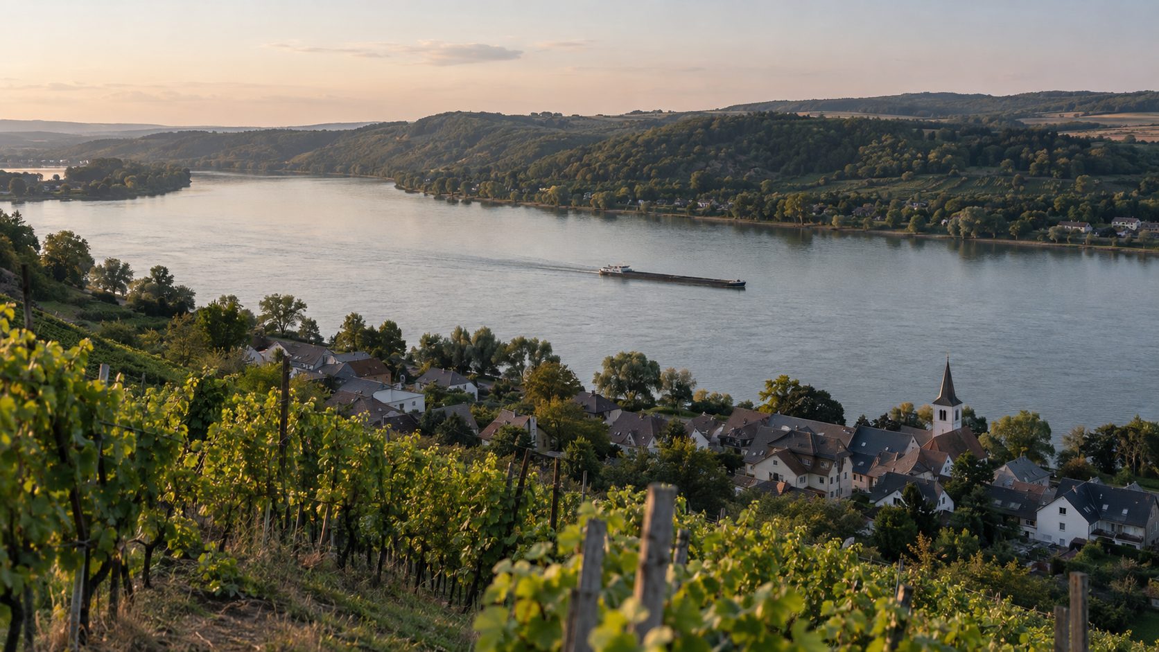 Abendlicher Blick aus den Weinbergen über den Rhein, unten ein Ort mit Kirchturm, auf dem Wasser ein Frachtschiff