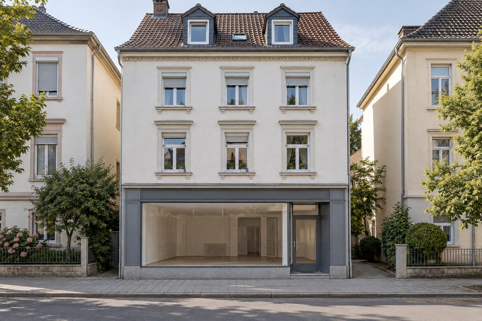 Ein gepflegtes Wohn- und Geschäftshaus an einer Stadtstraße, im Erdgeschoss ein leeres Ladenlokal