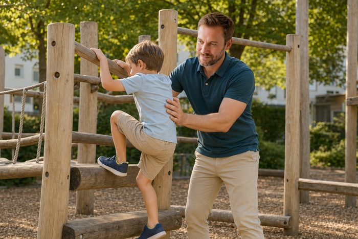 Ein Vater begleitet sein Kind auf einem Klettergerüst