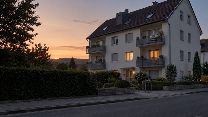 Ein gepflegtes Mehrfamilienhaus im Sonnenuntergang, in einigen Fenstern brennt warmes Licht
