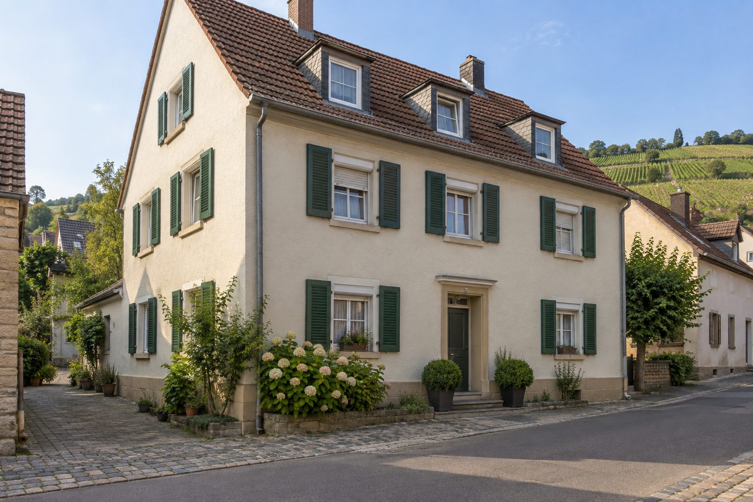 Ein Haus mit grünen Fensterläden an einer Dorfstraße, dahinter Weinberge