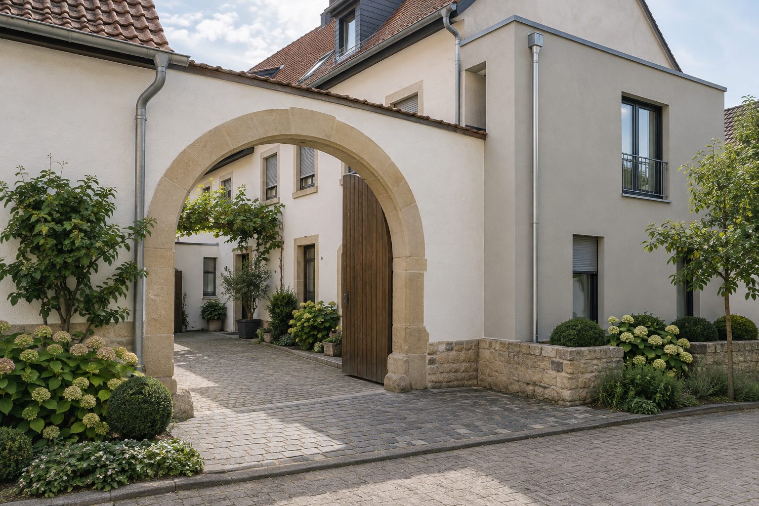 Hofeinfahrt mit Sandsteinbogen und offenem Holztor, dahinter ein gepflasterter Hof