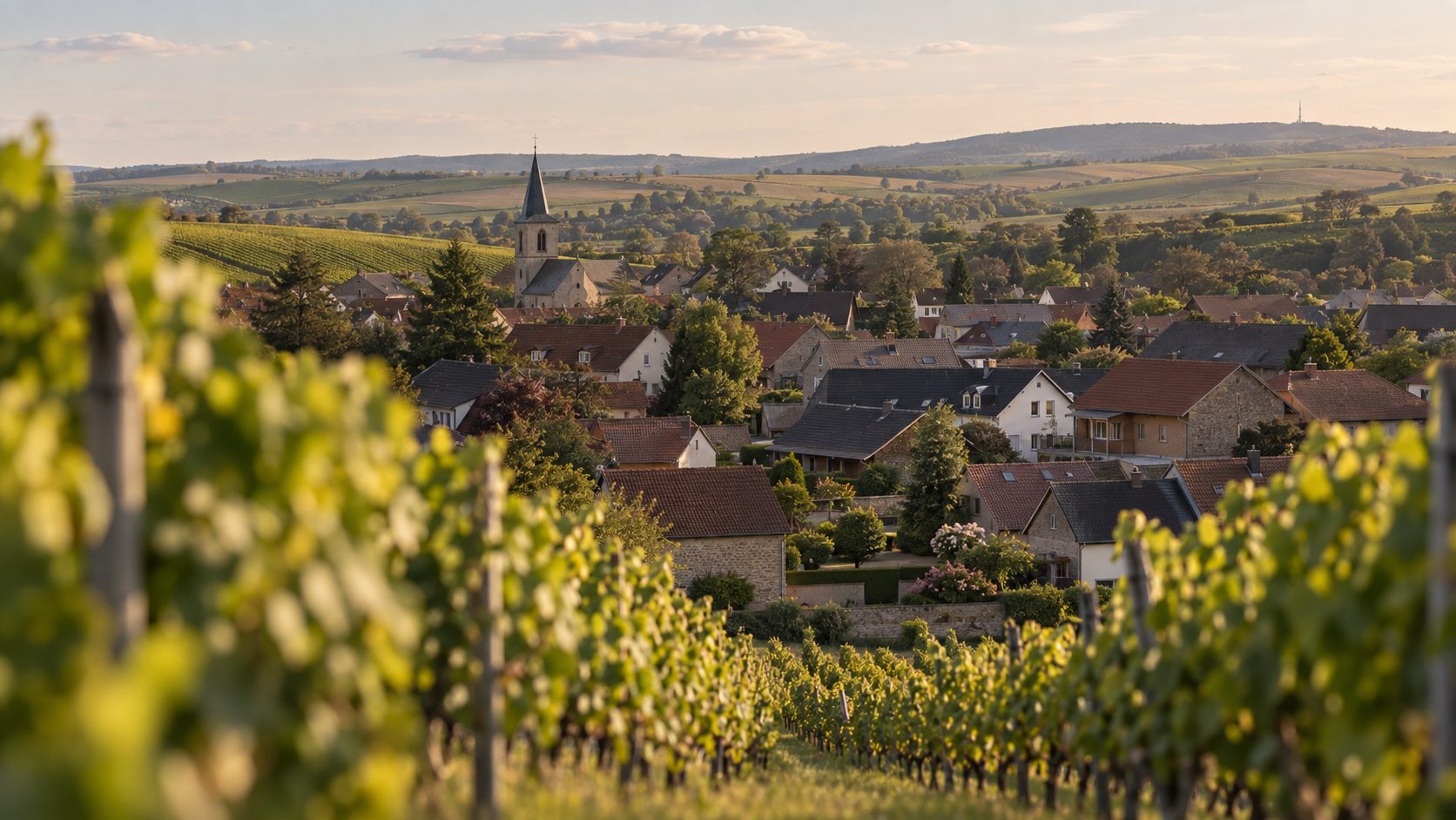 Blick aus dem Weinberg auf ein Weindorf mit Kirchturm im Abendlicht