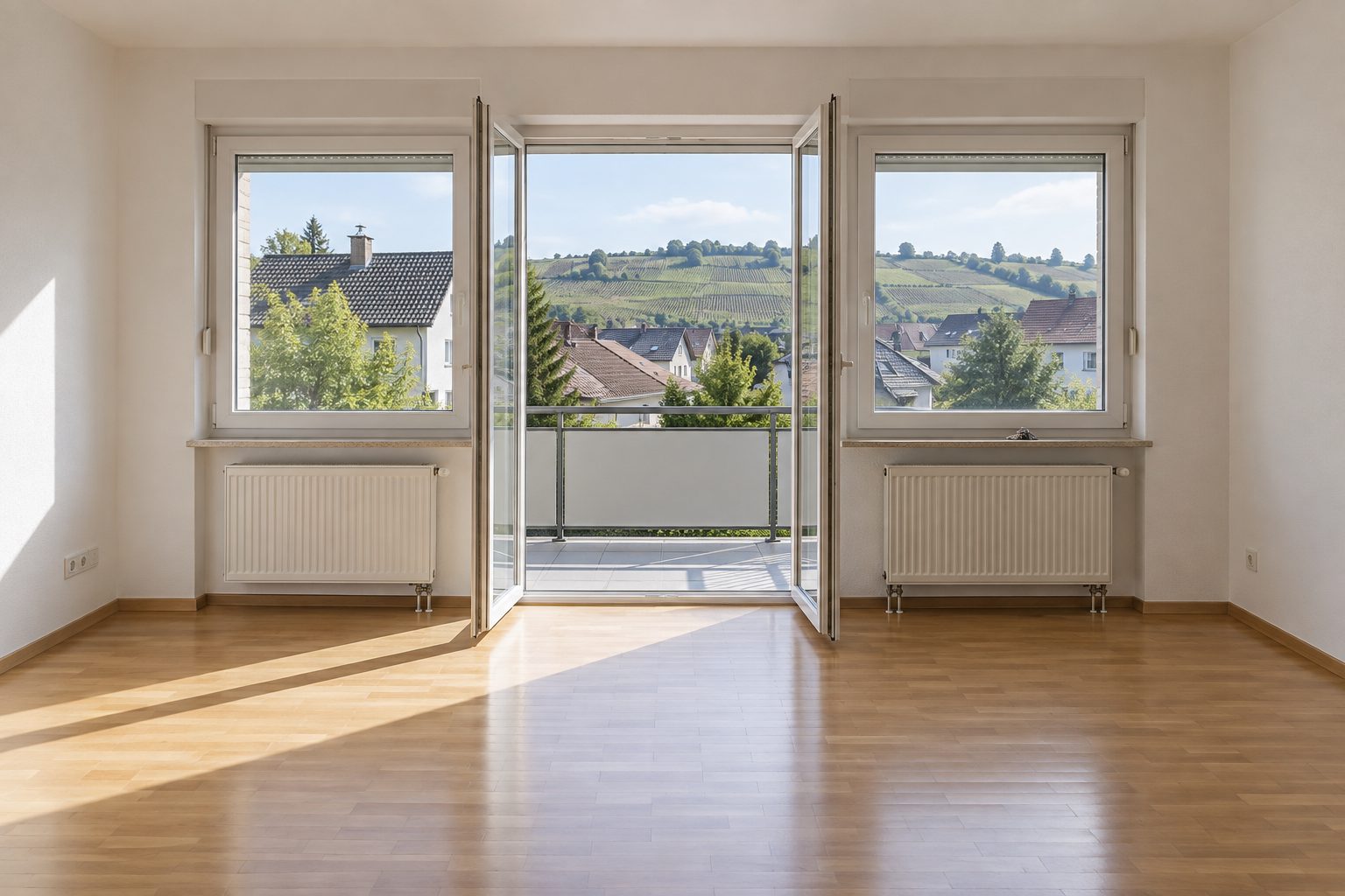 Leeres helles Zimmer mit offener Balkontür, dahinter Weinberge